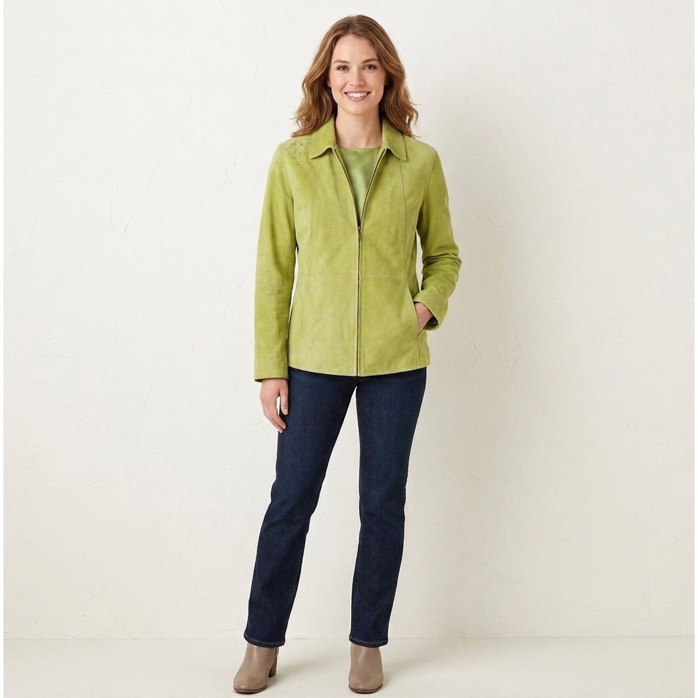 Coldwater Creek Womens Large Chartruse Suede Leather Full Zip Jacket